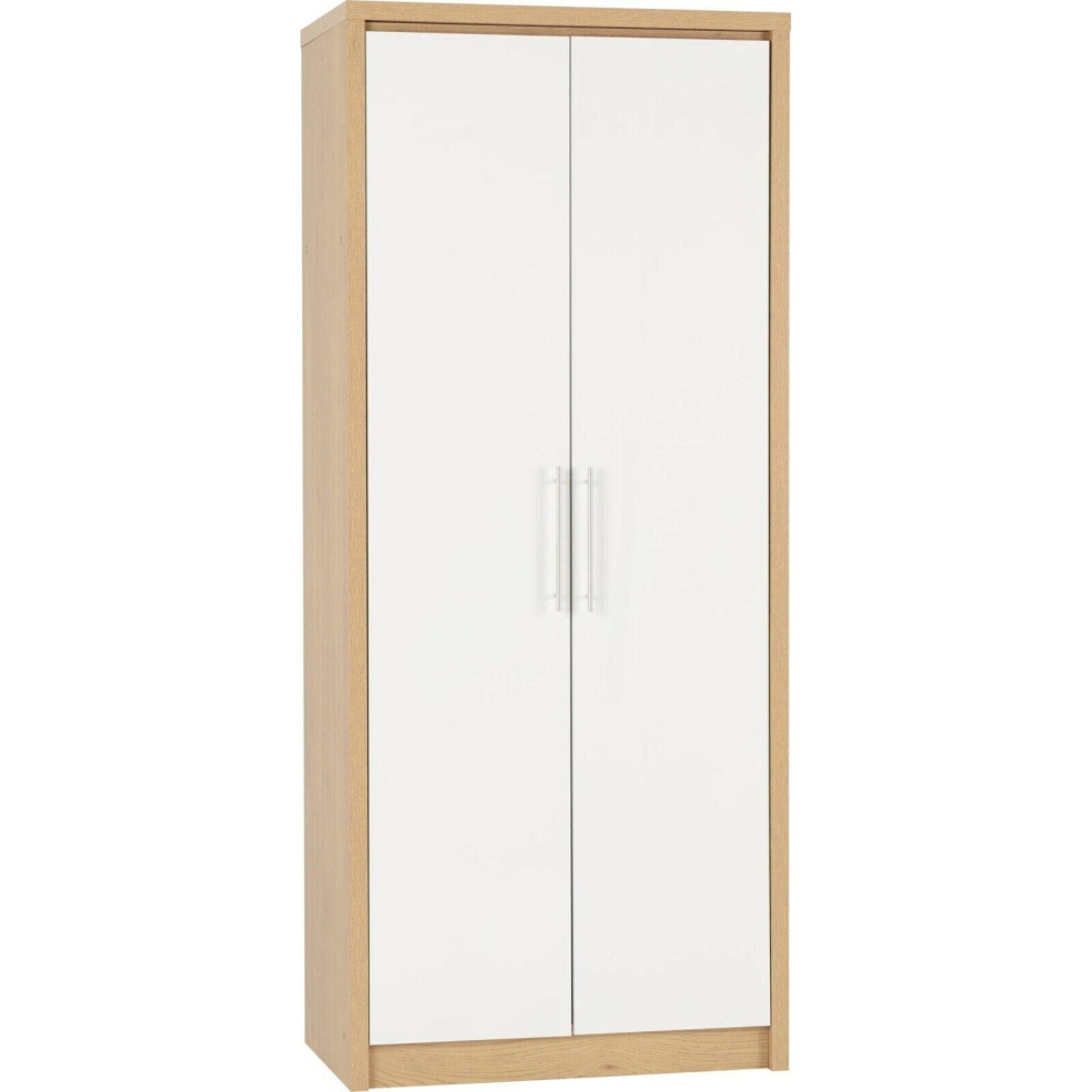 Seville 2 Door Wardrobe in White High Gloss Light Oak Effect Veneer Hanging Rail