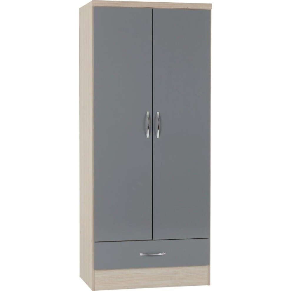 Nevada Wardrobe Grey 2 Door 1 Drawer Gloss and Oak Effect Hanging Rail