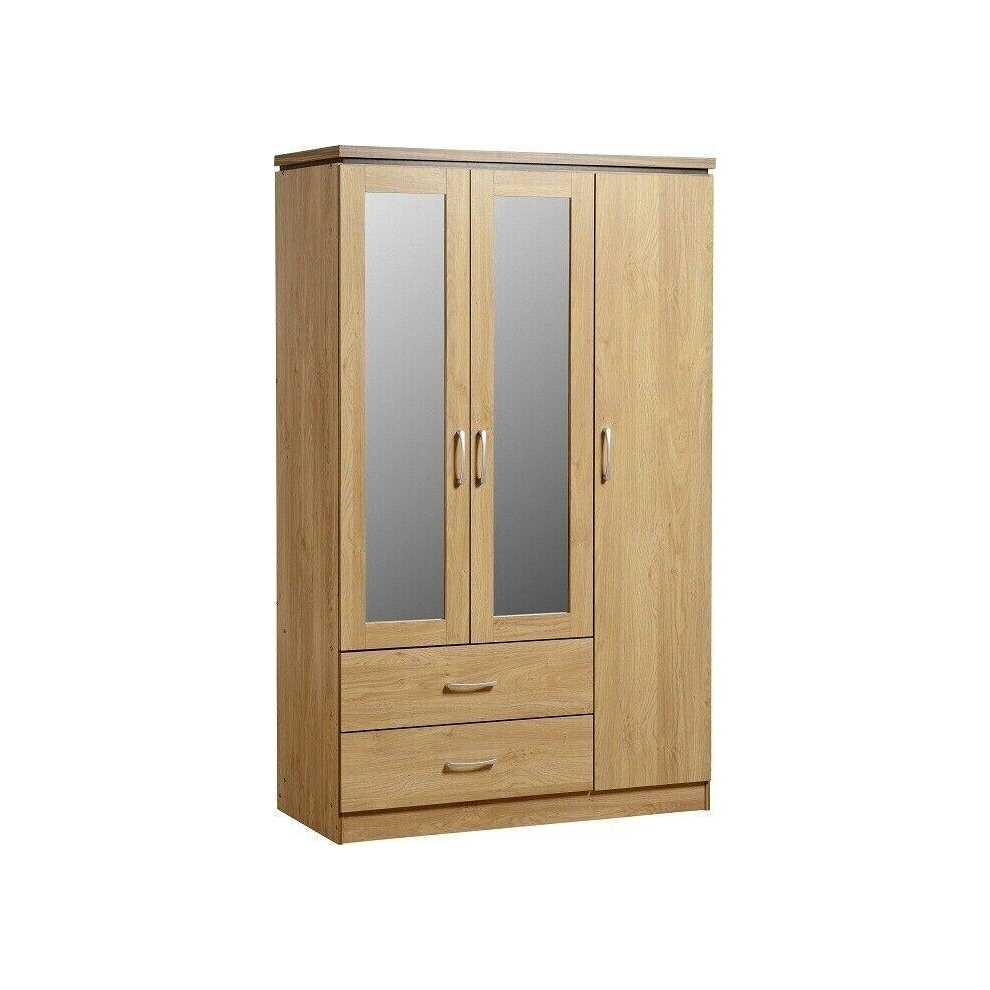 Charles 3 Door 2 Drawer Mirrored Wardrobe Oak Effect Veneer with Walnut Trim