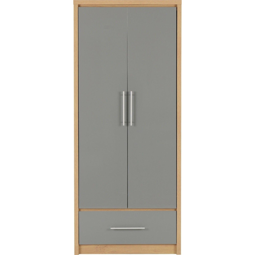 Seville 2 Door 1 Drawer Wardrobe Grey Gloss Oak Effect Veneer Hanging Rail