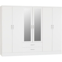 Nevada 6 Door 2 Drawer Mirrored Wardrobe White Gloss Finish Hanging Rail
