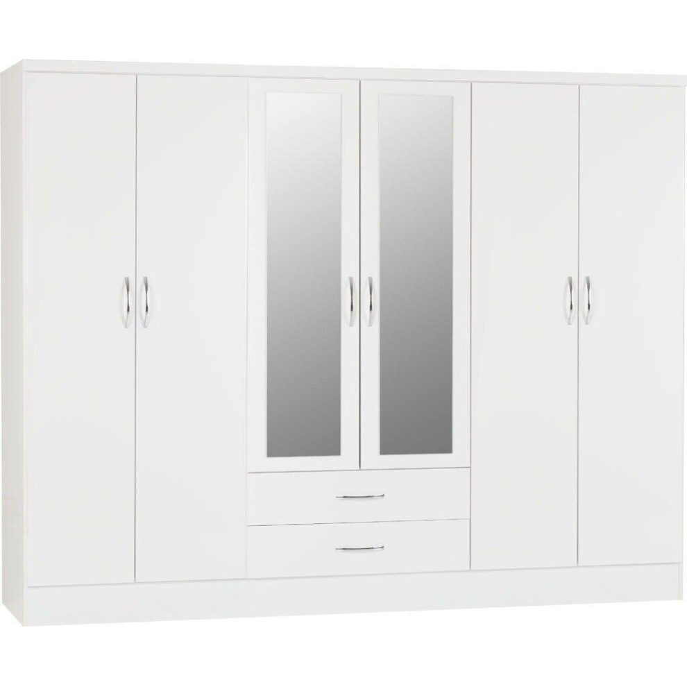 Nevada 6 Door 2 Drawer Mirrored Wardrobe White Gloss Finish Hanging Rail