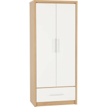 Seville 2 Door 1 Drawer Wardrobe White Gloss Oak Effect Veneer Hanging Rail