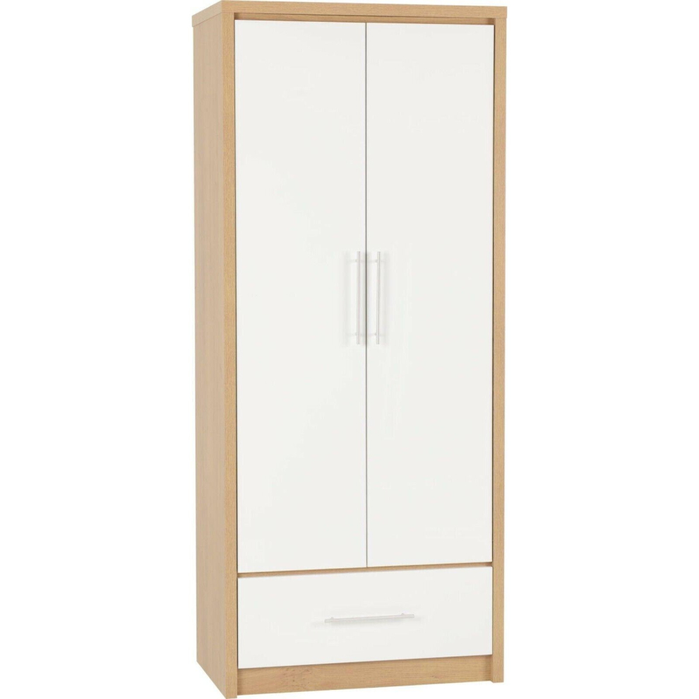 Seville 2 Door 1 Drawer Wardrobe White Gloss Oak Effect Veneer Hanging Rail