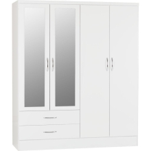 Nevada 4 Door 2 Drawer Mirrored Wardrobe in White Gloss Finish Hanging Rail
