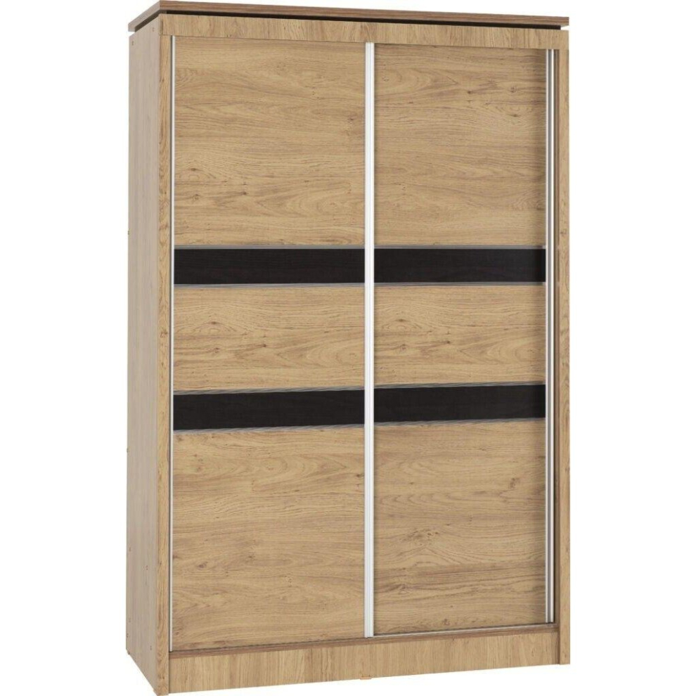 Charles 2 Door Sliding Wardrobe Oak Effect Veneer Walnut Trim Lockable Drawer