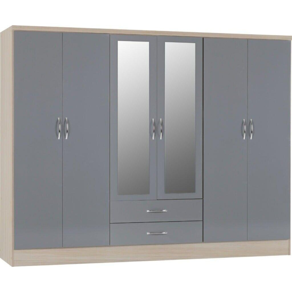 Seconique Nevada 6 Door 2 Drawer Mirrored Wardrobe In Gloss And Oak Effect Finish Grey