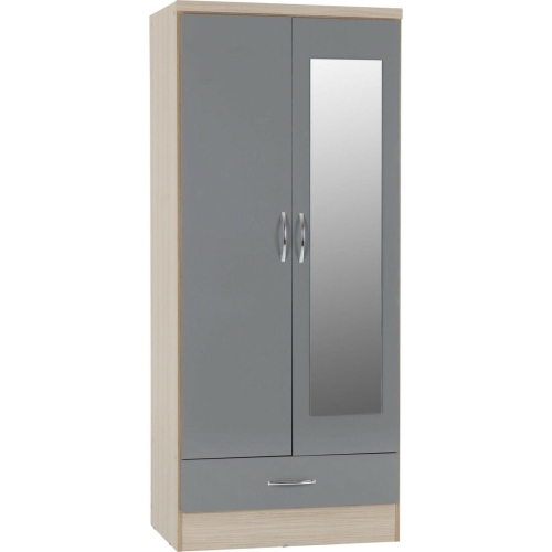 Seconique Nevada Mirrored 2 Door 1 Drawer Wardrobe Grey and Oak Effect