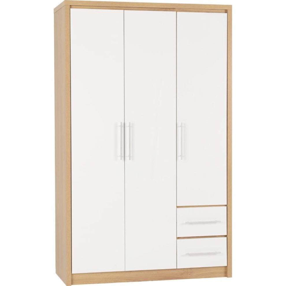 Seville 3 Door 2 Drawer Wardrobe White Gloss and Oak Effect Hanging Rail Shelves