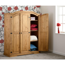 Corona 3-Door Wardrobe in Distressed Waxed Pine, Hanging Rail, Metal Handle - 151.3 x 59 x 188.3 cm (Code 100-101-023)