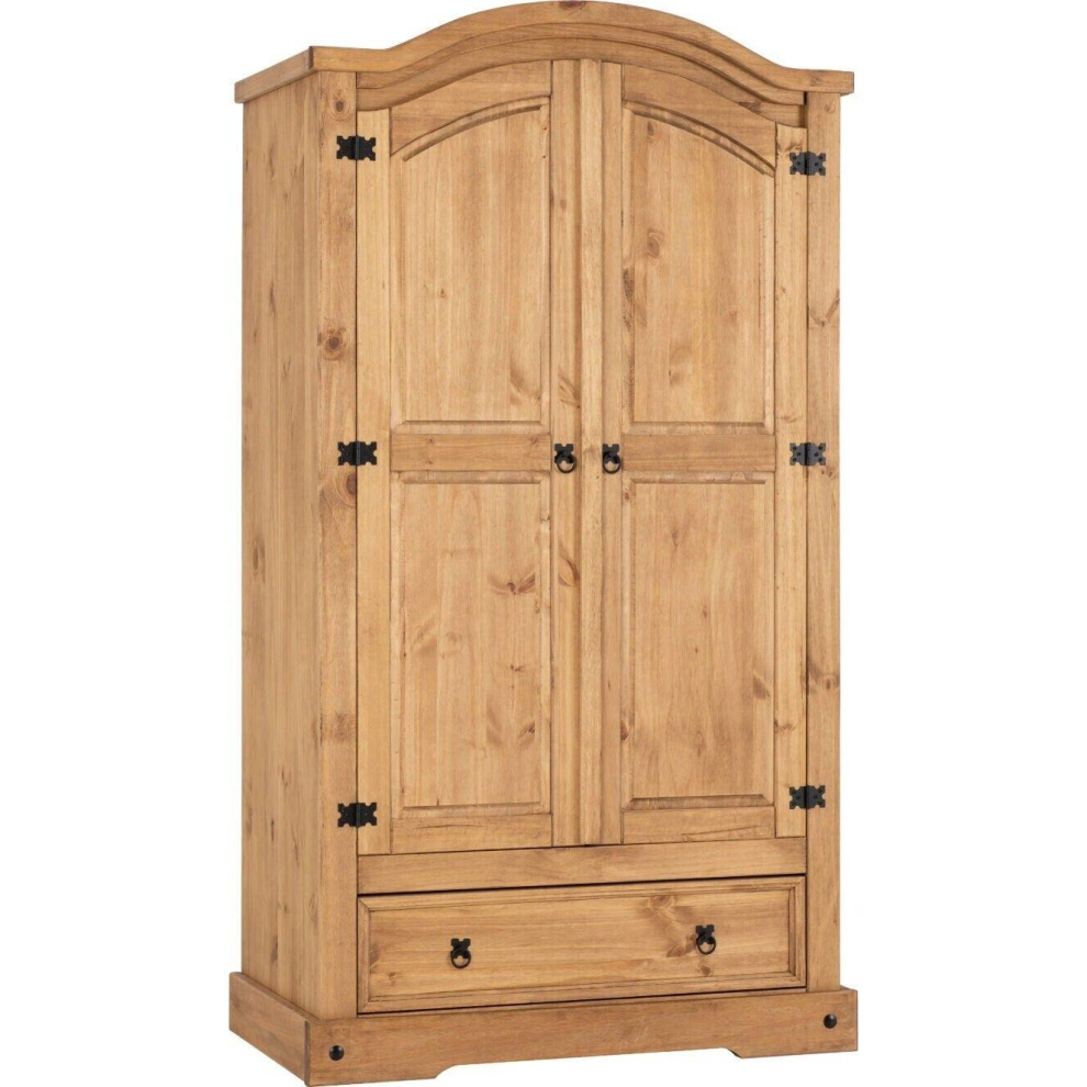 Seconique Corona 2 Door 1 Drawer Wardrobe Distressed Waxed Pine Hanging Rail Metal Handles Grey