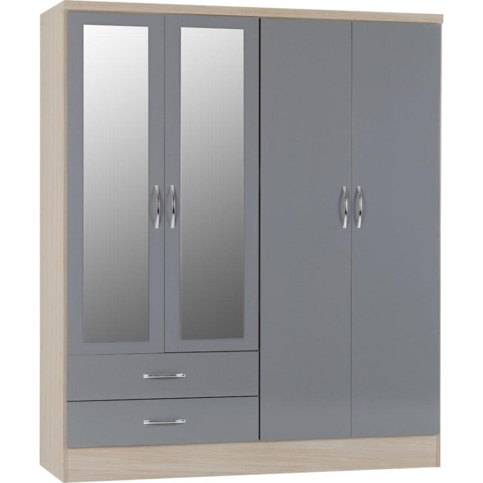 Seconique Nevada 4 Door 2 Drawer Mirrored Wardrobe In Gloss And Oak Effect Finish Grey