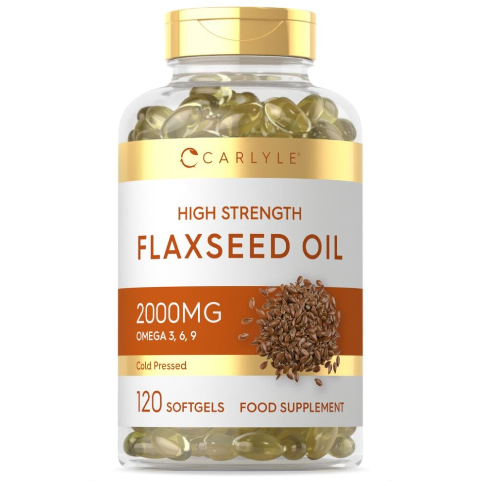 Flaxseed Oil Capsules 2000mg | 120 Count | High Strength Food Supplement | Cold Pressed | Omega 3 6 9 | By Carlyle