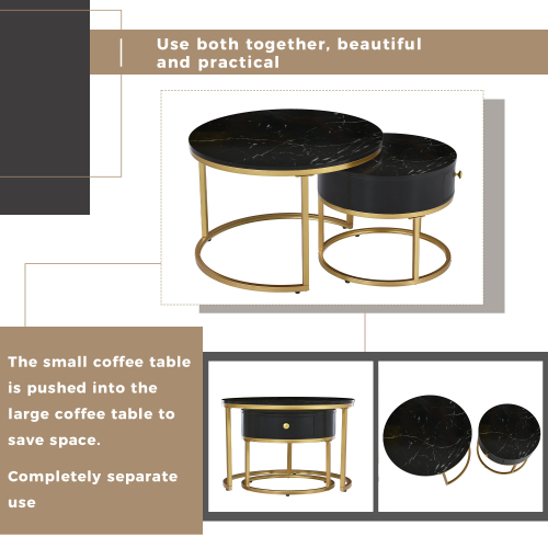 (Black) Removable Set of 2 Round Coffee Table with Storage 1