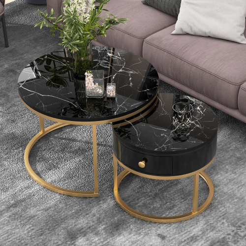 (Black) Removable Set of 2 Round Coffee Table with Storage
