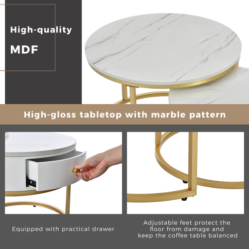 (White) Removable Set of 2 Round Coffee Table with Storage 1
