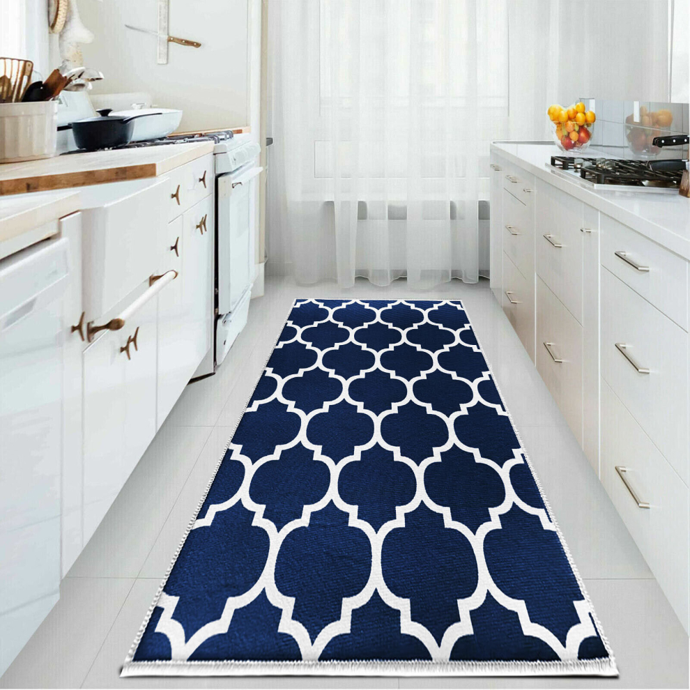 (80 x 300 cm (2 ft 6 in x 9 ft 8 in), Ava Navy Blue) Extra Large Area Rugs Printed Geometric Traditional Carpets Runner Rug & Luxury Floor Door Mats