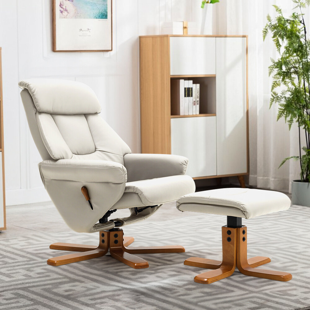 (Beige) Swivel Faux Leather Lounge Recliner with Ottoman