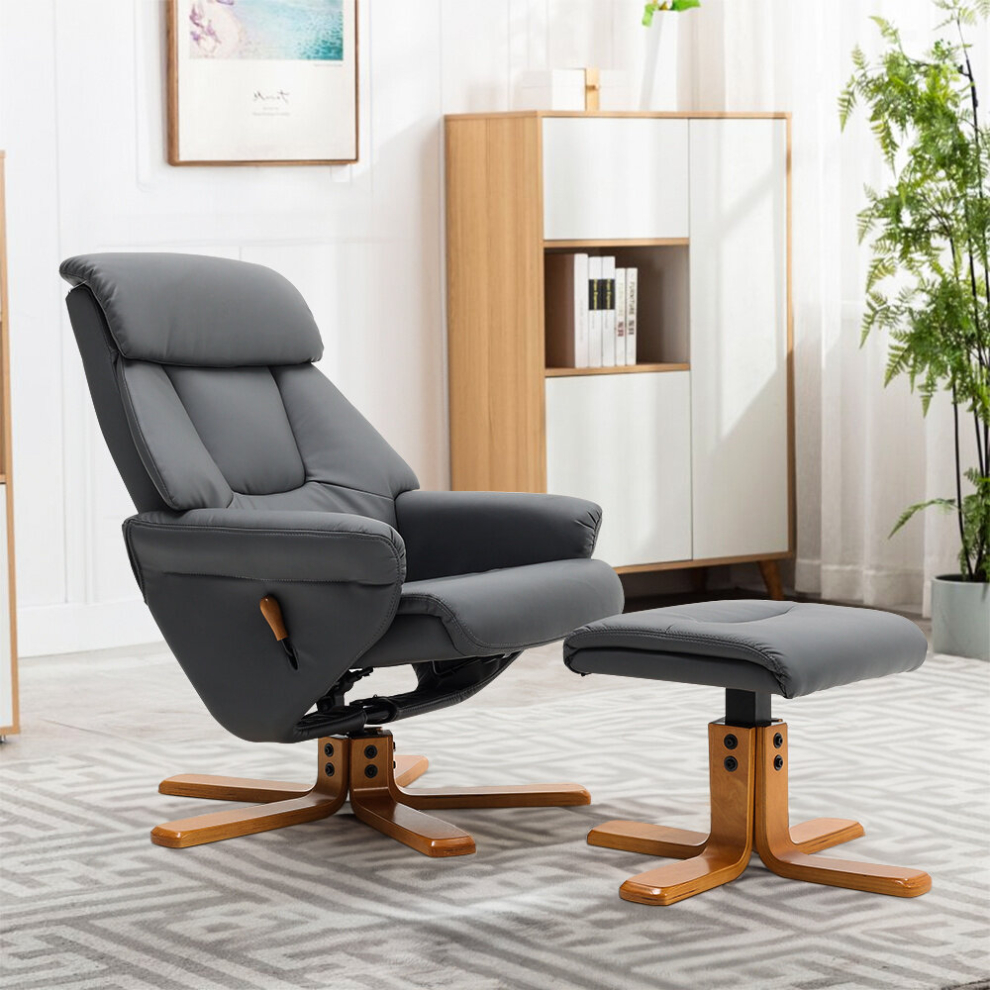(Grey) Swivel Faux Leather Lounge Recliner with Ottoman