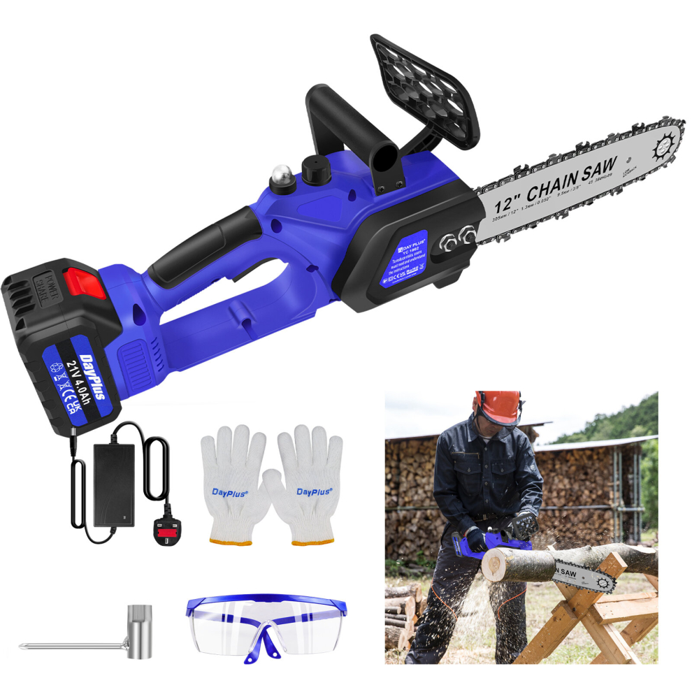 12 Inch Electric Chainsaw Auto-Oiler Cordless Brushless Chain Saw with 2 Chains Battery, 10m/s Chain Speed Anti-Vibration for Garden Courtyard Cutting