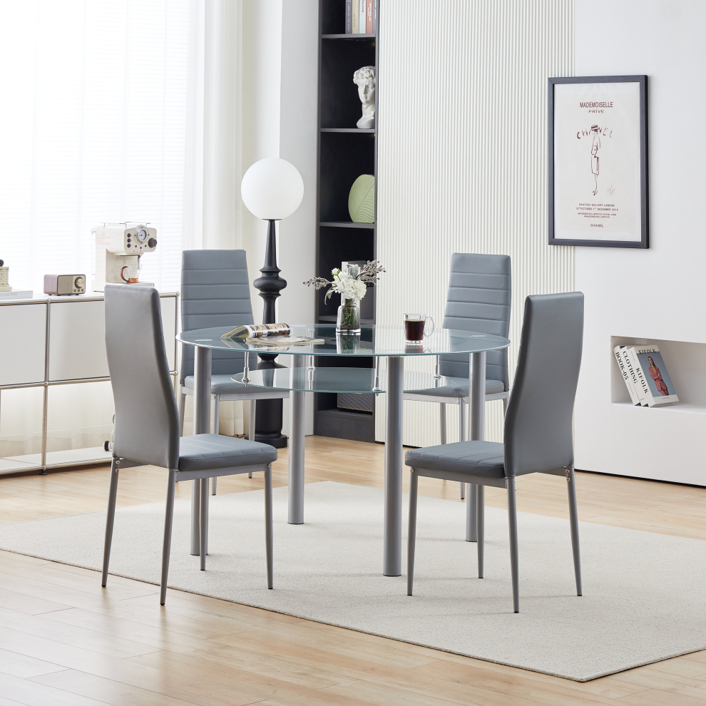 (120cm) Modern Grey 5 Piece Round Glass Dining Set Faux Leather Upholstered Chairs