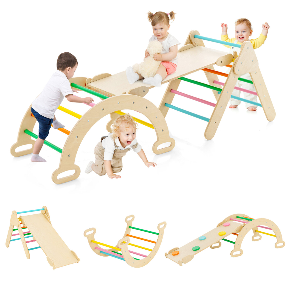 3-in-1 Triangle Climbing Set Wooden Toddler Climber with Reversible Ramp Arch