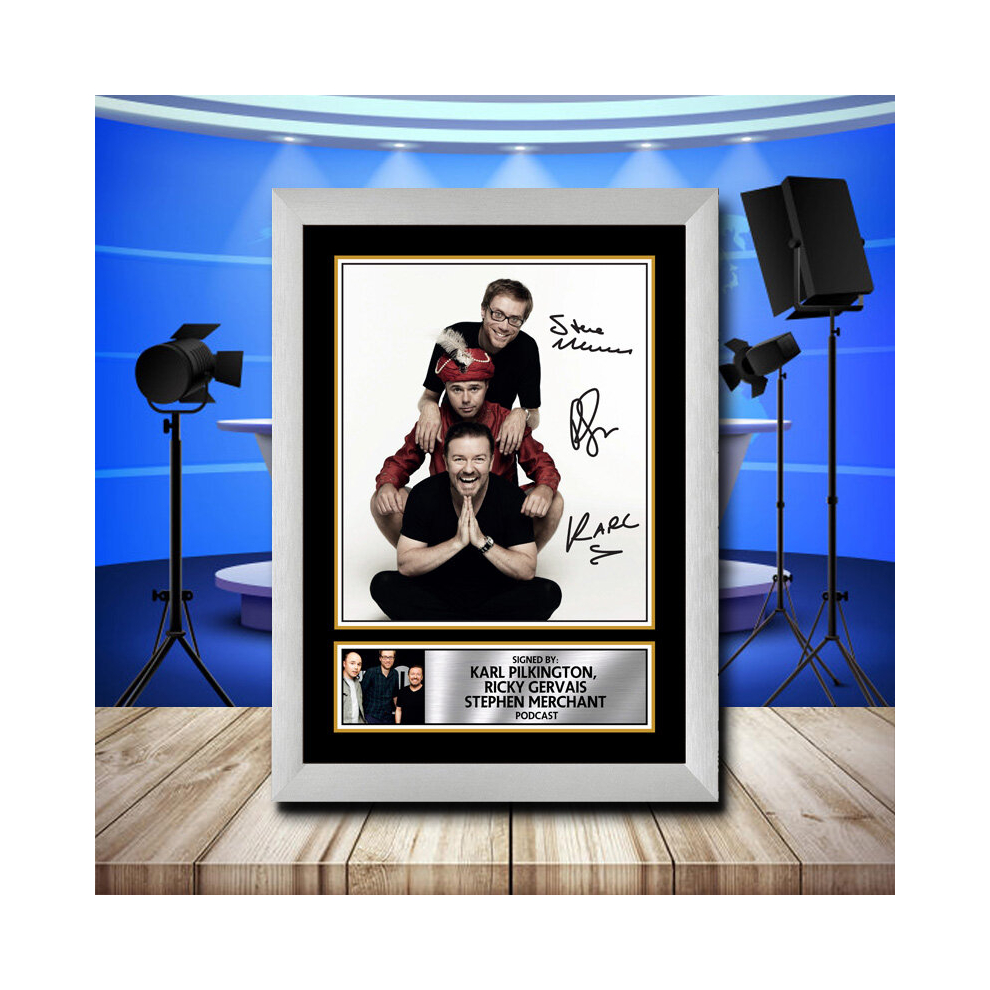 (A4 SILVER FRAMED) STEPHEN MERCHANT, RICKY GERVAIS AND KARL PILKINGTON (1) - TV SHOW - Signed by Autographed Poster Print | Wall Art | Photo | Signatu