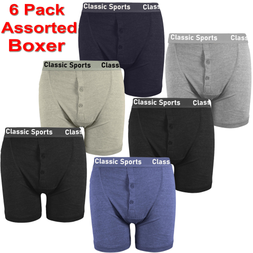 (M - 6 Pack Assorted) 6Pair Mens Boxer Shorts Plain Button Fly Underwear