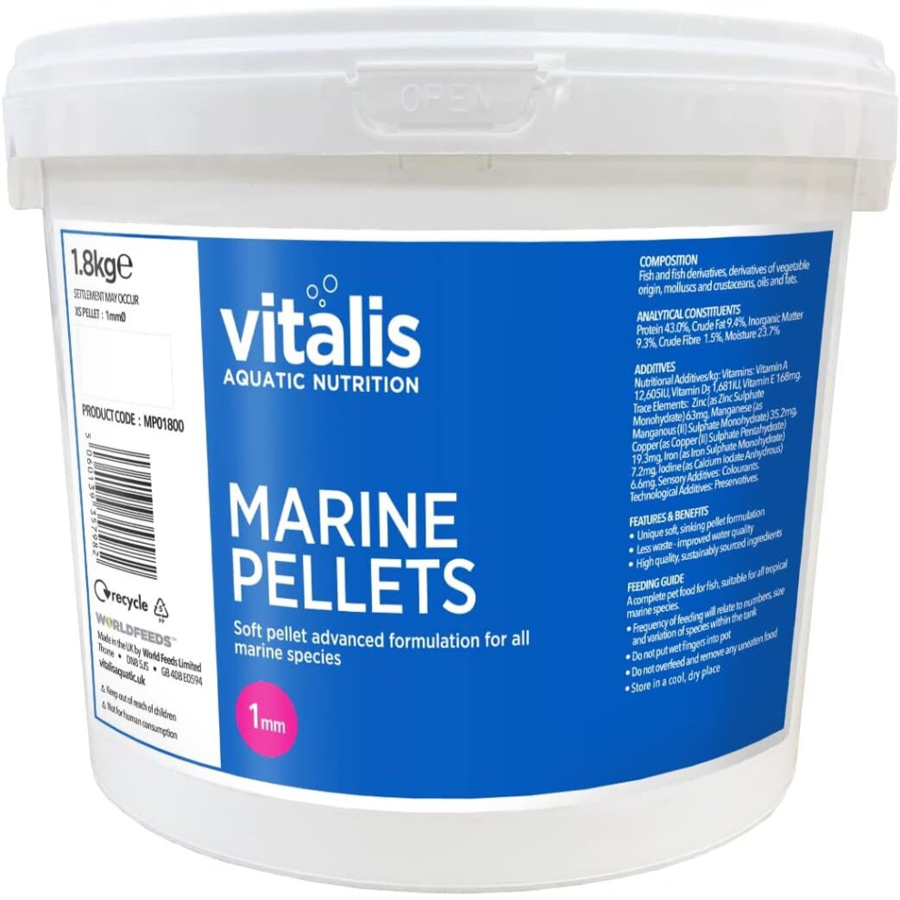 Vitalis Aquatic Nutrition (1.8Kg) Vitalis Marine Extra Small Pellets Reef Fish Food 1Mm Size