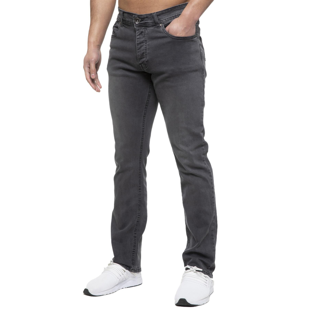 (42W/32L, Grey) Enzo Mens Straight Leg Stretch Denim Jeans