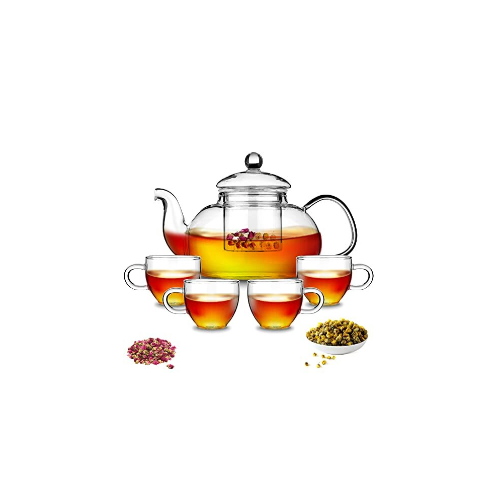 Kyraton 1000ml Glass Teapot with Removable Infuser & Blooming and Loose Leaf Tea Maker and 4 Glass Teacups Set, Stovetop & Microwave Safe Tea Kettle.