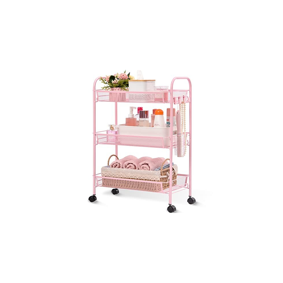 APEXCHASER 3-Tier Rolling Cart,Easy Assemble Mobile Storage Trolley On Wheels,Slide Out Utility Cart Shelving Units Kitchen Bathroom Laundry Room,Pink