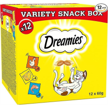 Dreamies Variety Snack Box , 60 g Pouches, Cat Treats Tasty Snacks with Delicious Chicken, Salmon and Cheese Flavours, (12x60g))