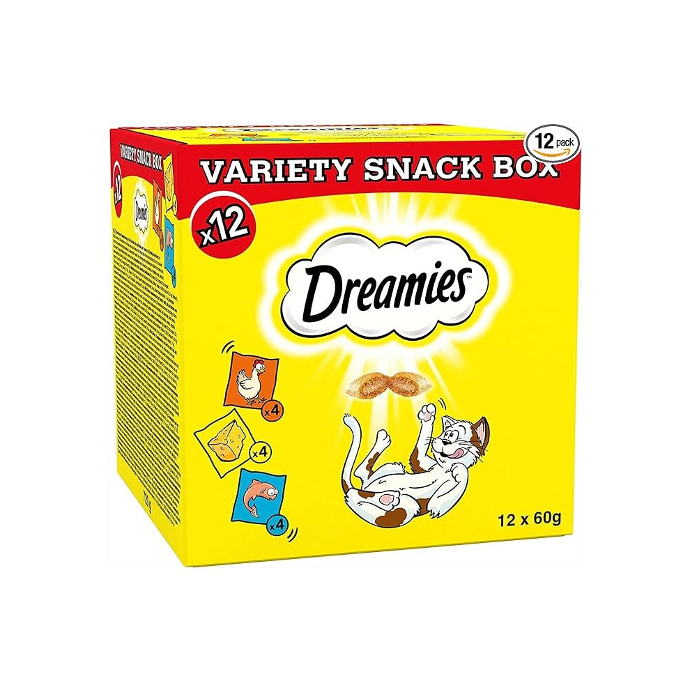 Dreamies Variety Snack Box , 60 g Pouches, Cat Treats Tasty Snacks with Delicious Chicken, Salmon and Cheese Flavours, (12x60g))