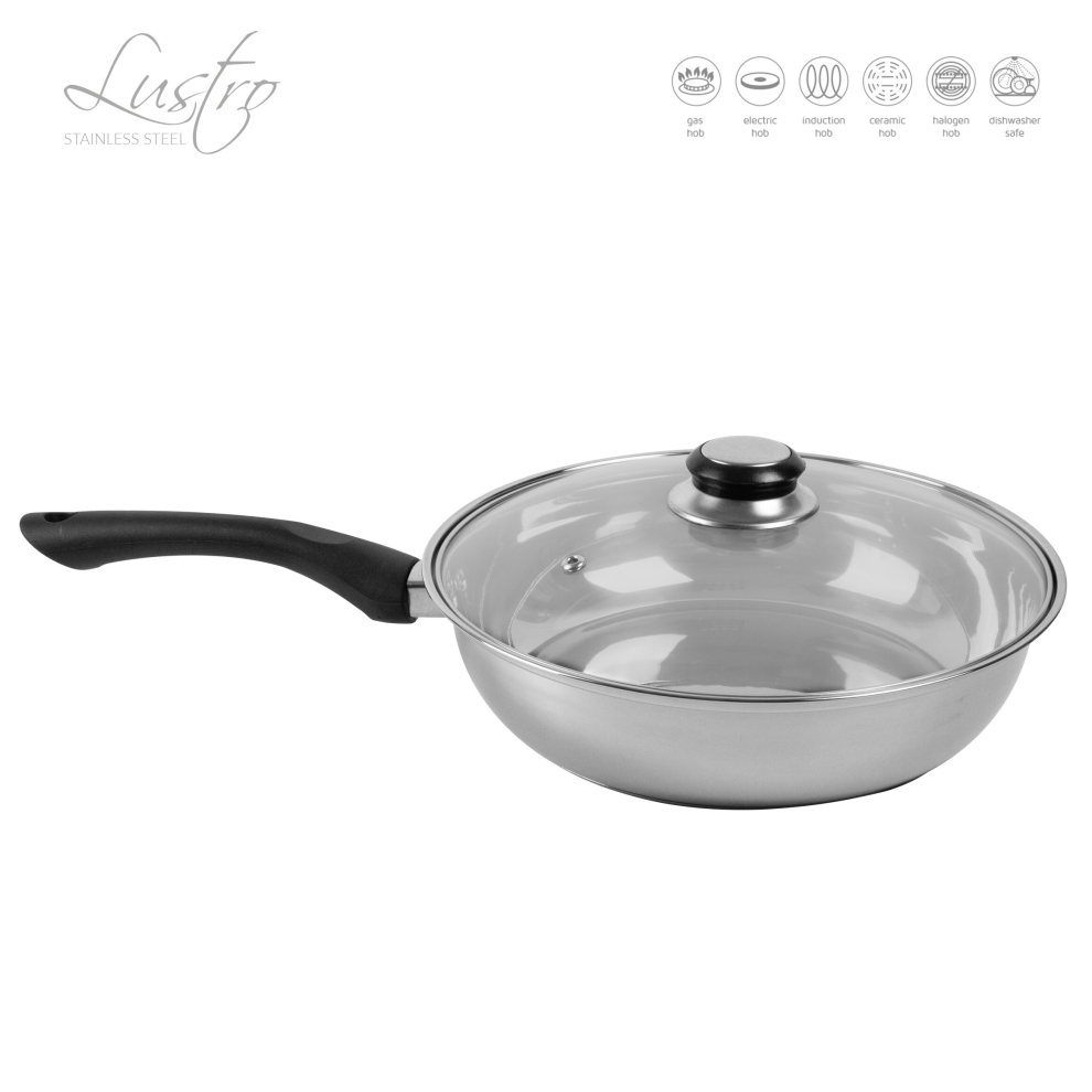 (Black) SQ Professional Lustro Stainless Steel Frying Pan 24cm Tempered Glass Lid with Steam Vent