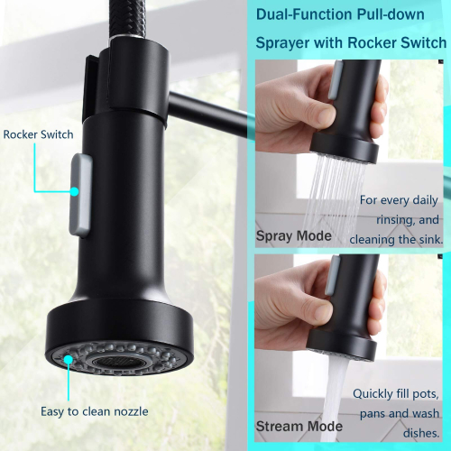 Kitchen Taps with Pull Down Sprayer, Kitchen Sink Taps,Brass Black Single Handle Single Lever High Arc Spring tap(Matte Black) 2