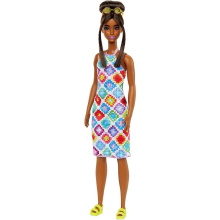 Barbie Fashionistas Doll #210 with Brunette Hair in Bun Wearing Removable Colorful Crochet Halter Dress Sunglasses & Sandals