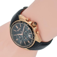 NEW HUGO BOSS HB1513092 ROSE GOLD AND BLACK LEATHER STRAP MENS WATCH