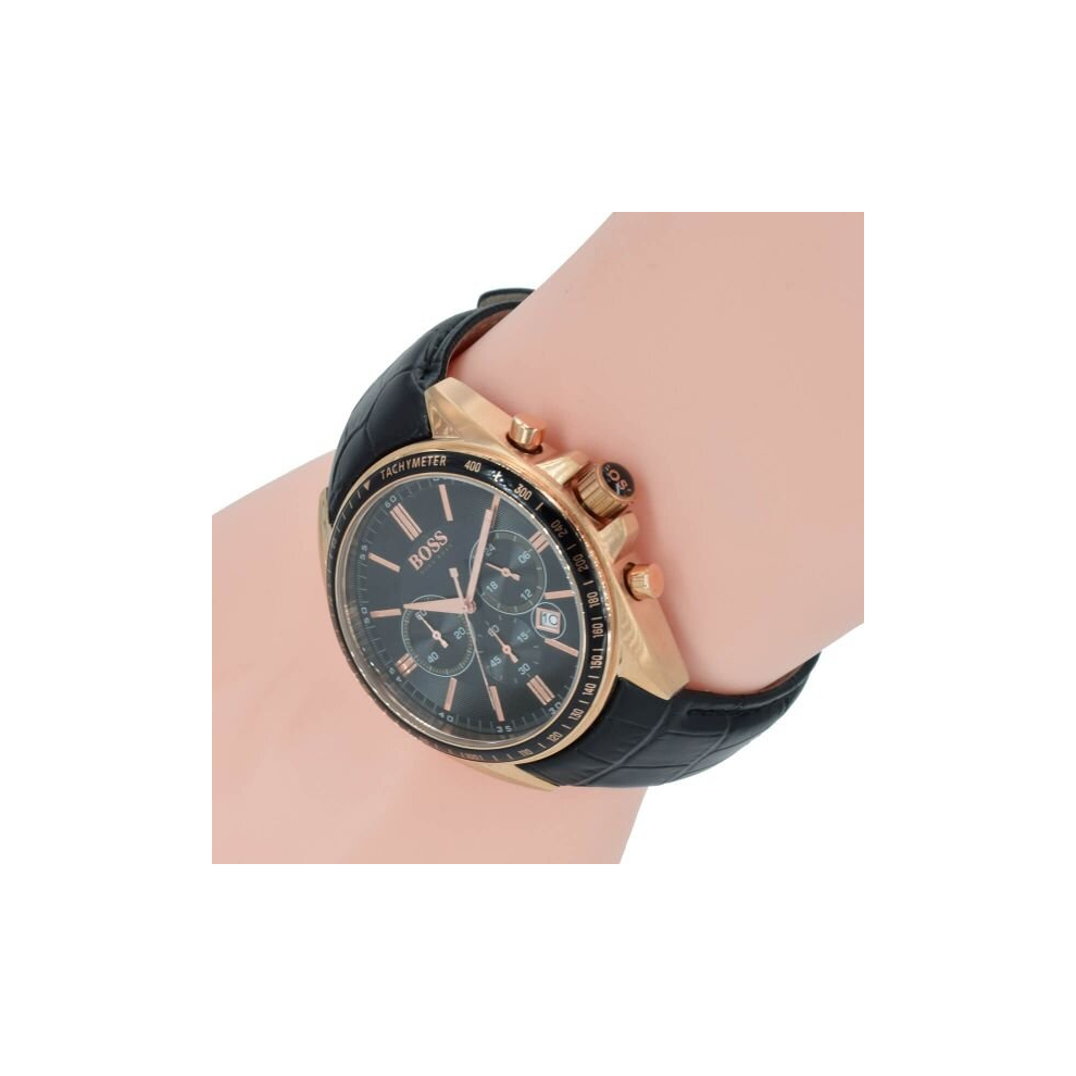 NEW HUGO BOSS HB1513092 ROSE GOLD AND BLACK LEATHER STRAP MENS WATCH