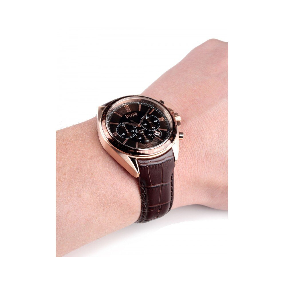 NEW HUGO BOSS 1513093 MENS ROSE GOLD DRIVERS SPORTS BROWN STRAP WATCH