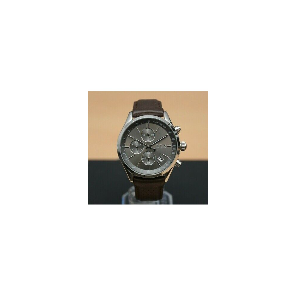 NEW HUGO BOSS 1513476 GRAND PRIX LEATHER BROWN STRAP QUARTZ MENS WATCH