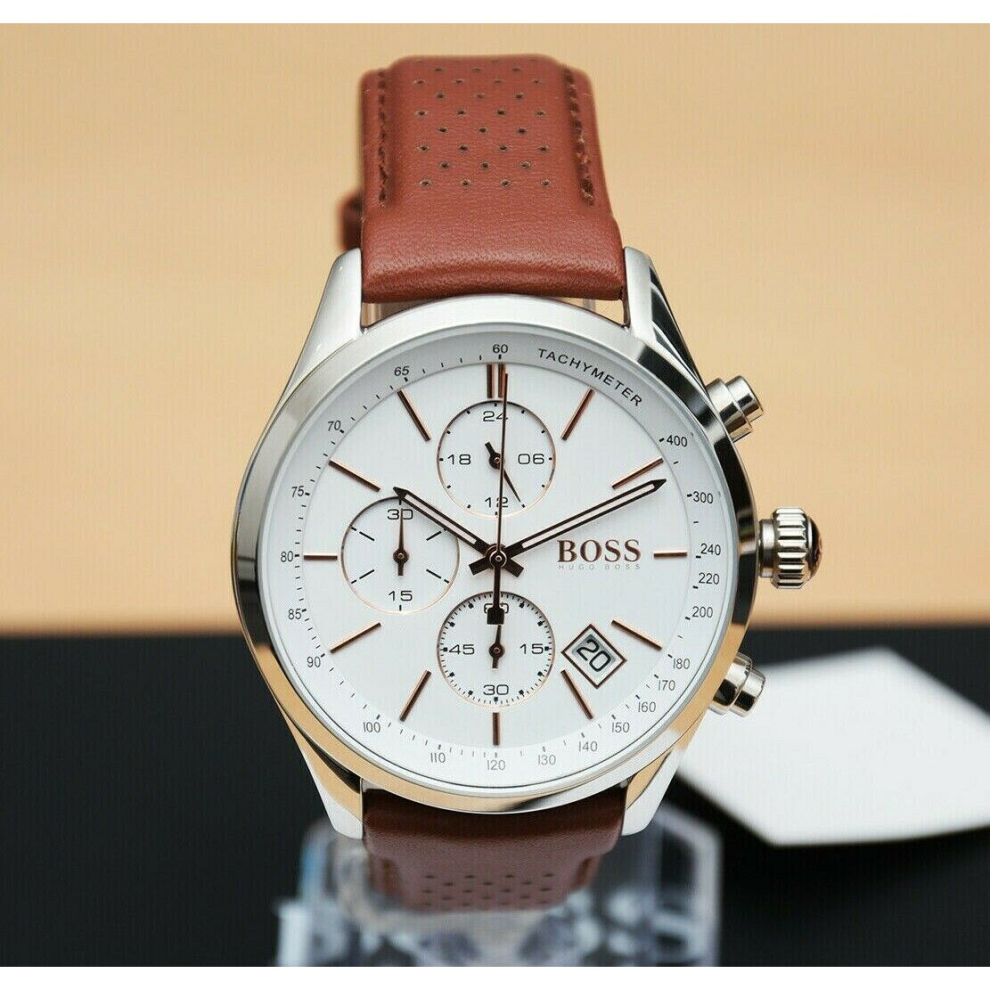 NEW HUGO BOSS 1513475 GRAND PRIX BROWN LEATHER STRAP MENS WATCH UK