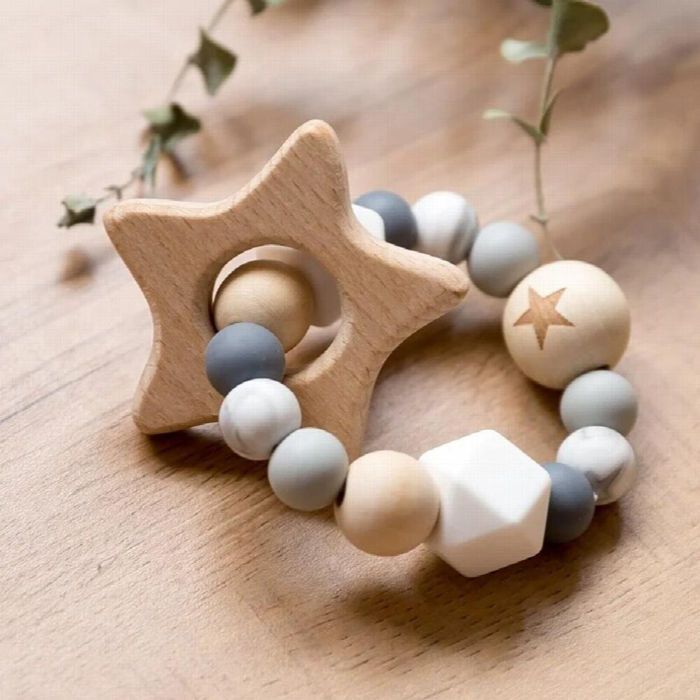 1PC Silicone Beads Teether Wooden Beads Bracelet Nursing Teething Toys BPA Beech Wooden Star Bracelet DIY Baby Teether