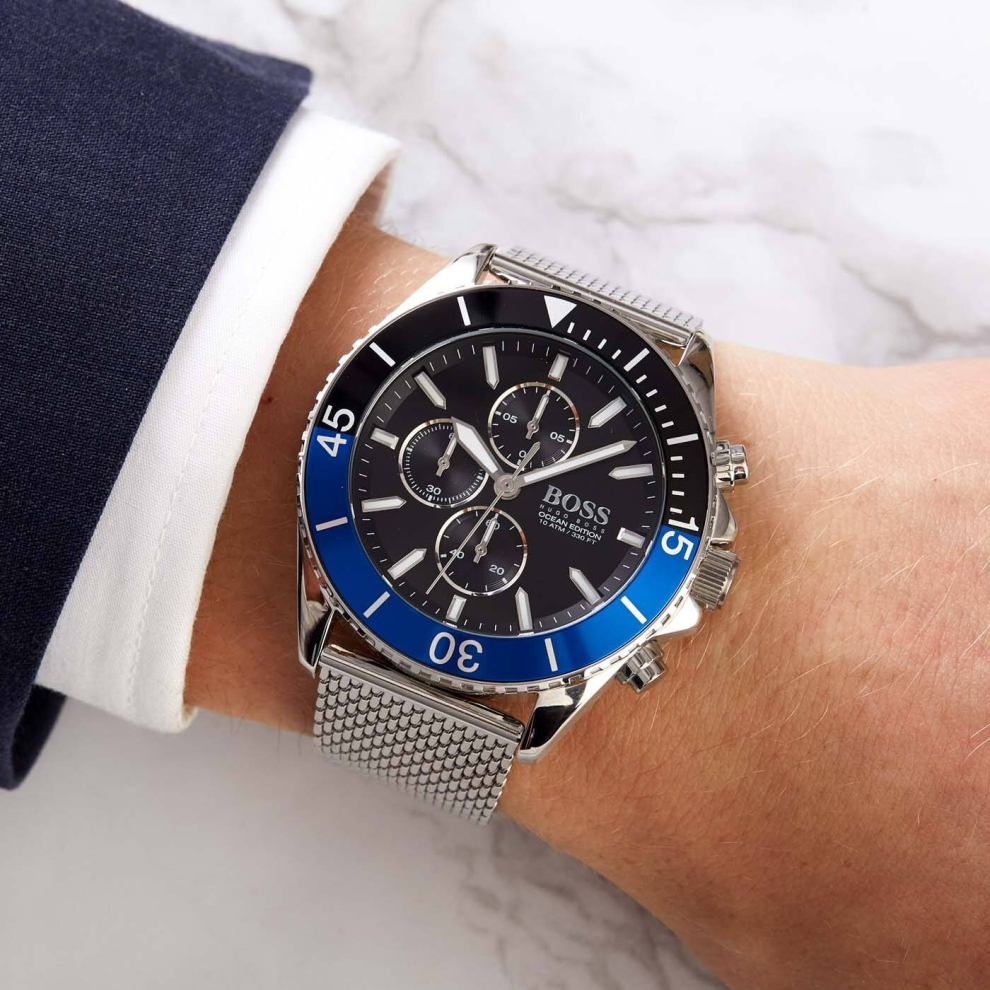 NEW HUGO BOSS 1513742 OCEAN EDITION BLACK DIAL MESH STRAP MEN'S WATCH