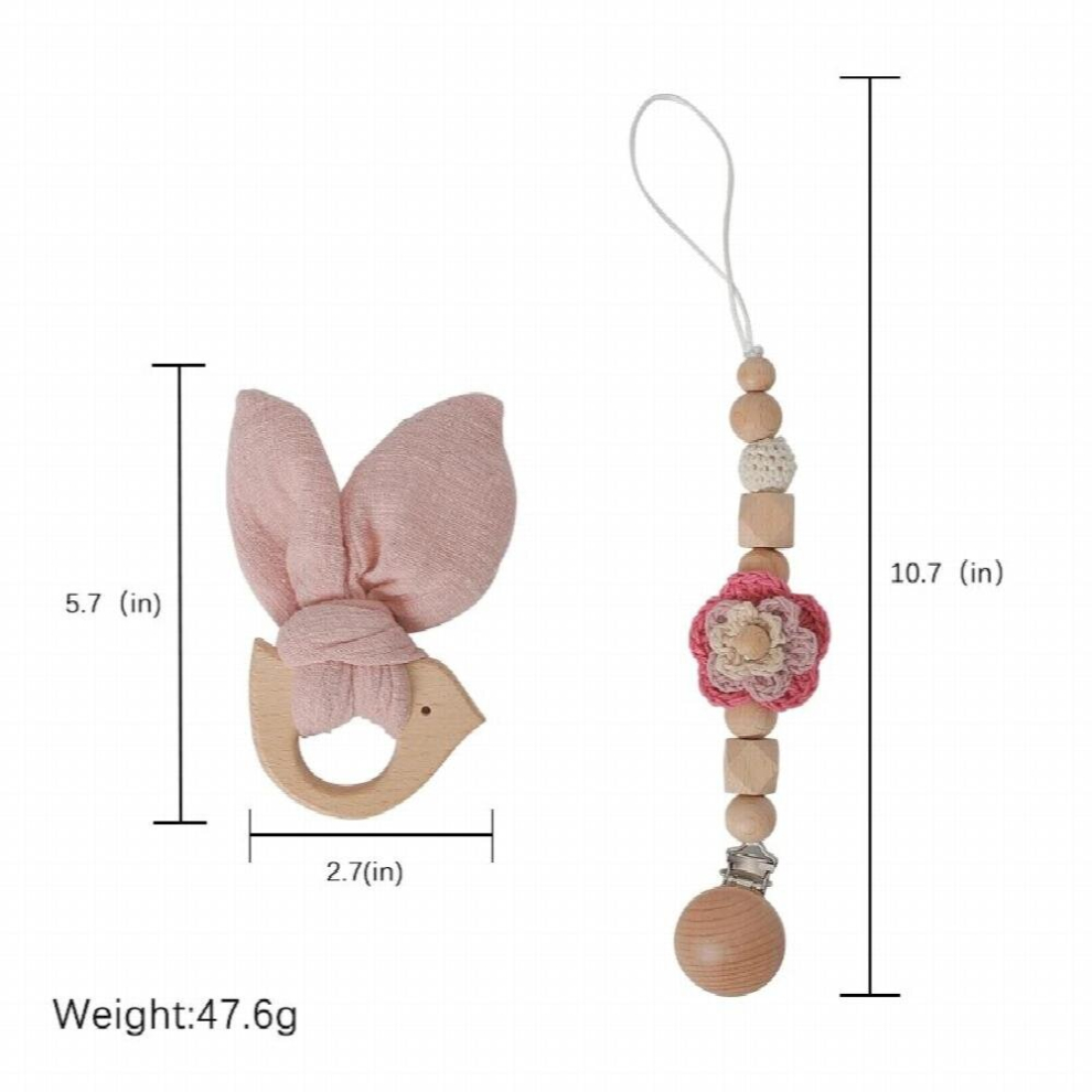 Baby Teether Bunny Ear & Pacifier Chains Wooden Animal Teething Toys Beech Wood Rodent Play Gym Toy Baby Rattle