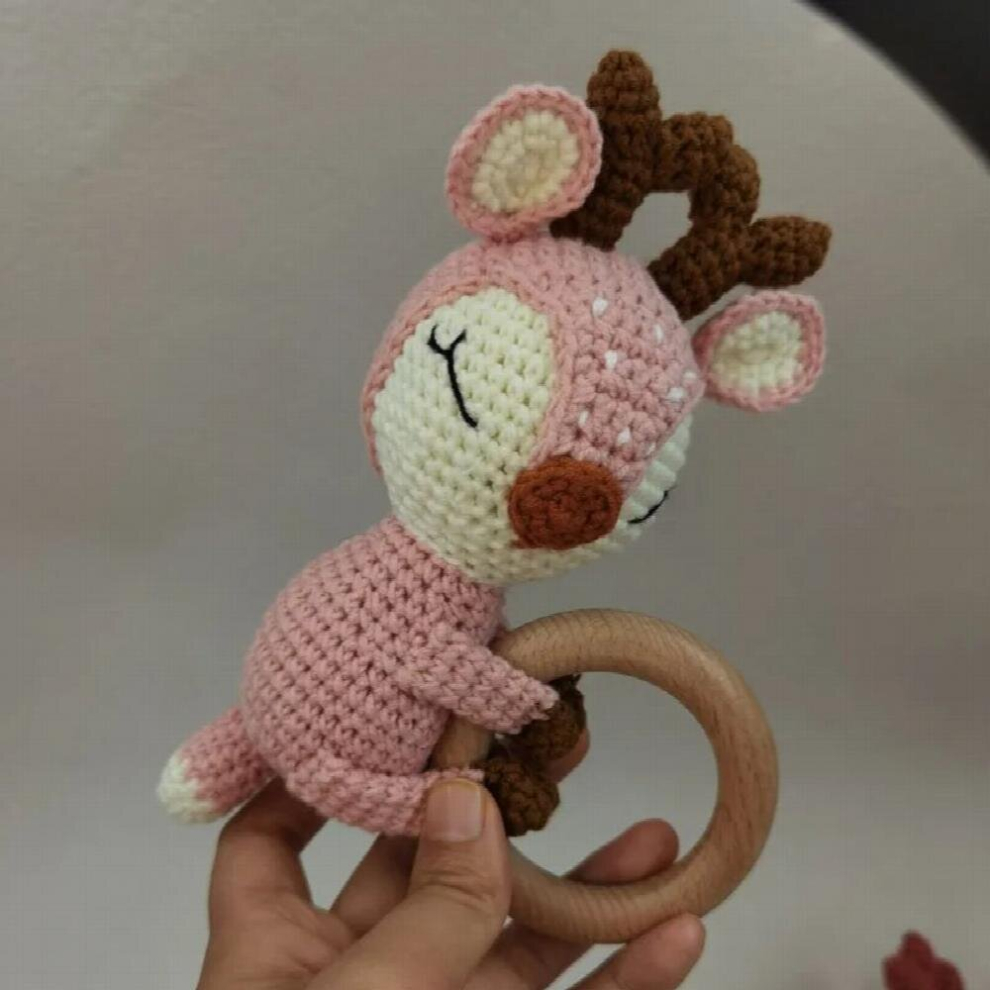 1pc BPA DIY Crochet Elk Fox Baby Teether Wooden Teether Ring Rattle Newborn Teething Nursing Soother Molar Educational Toys