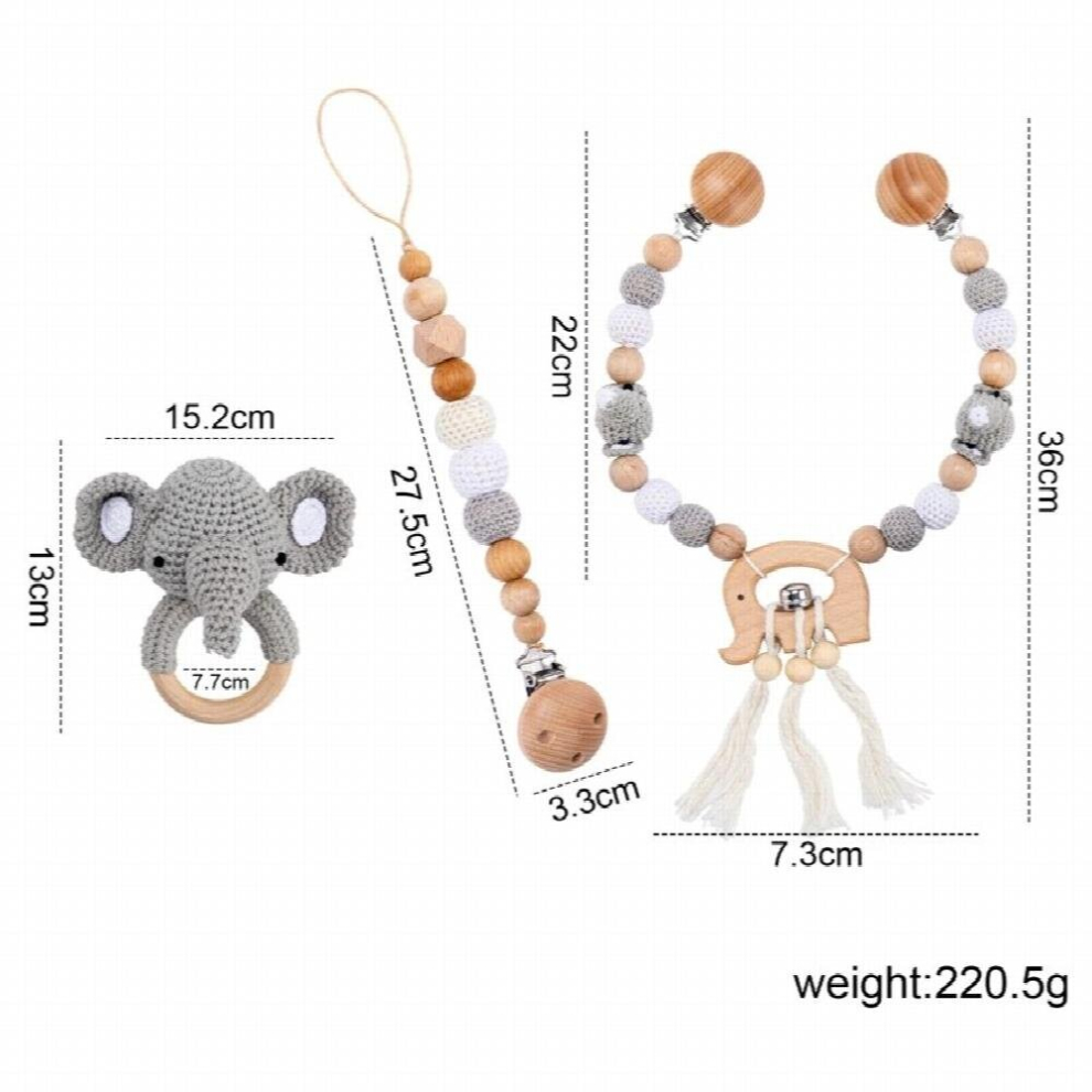 1set Baby Toys Wood Pram Clip Crochet Elephant Dummy Soother Chain Clip Animal Teething Bracelet Crib Mobile Stroller Toys