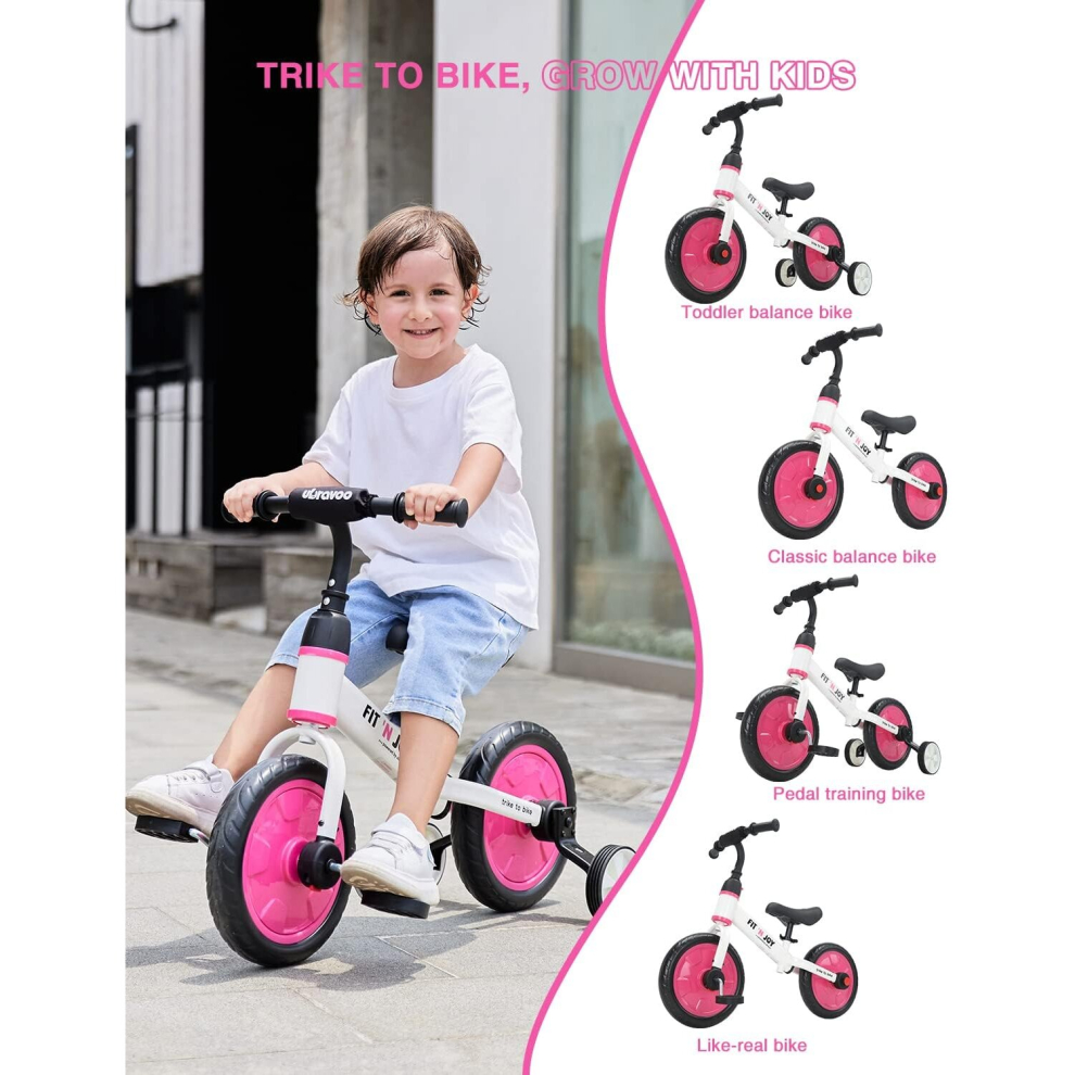 (Pink-White) UBRAVOO Fit 'n Joy Beginner Toddler Training Bicycle, 4-in-1 Kids Balance Bike, Trike to Riding Toys for Boys Girls 2-4