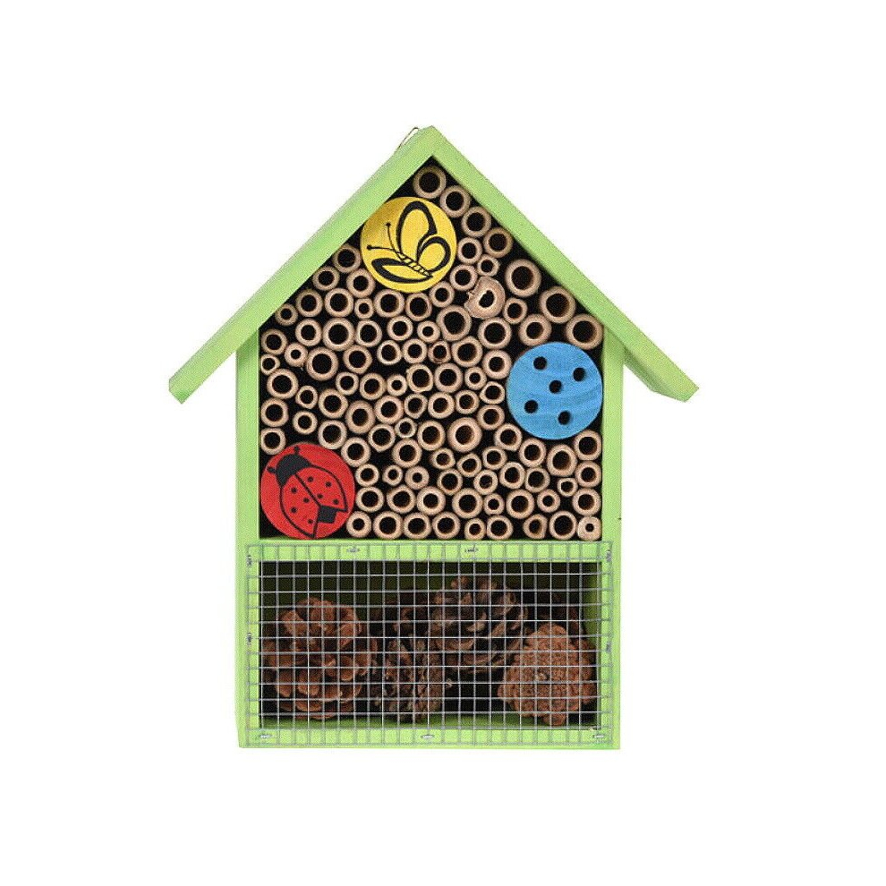 (Green) Wooden Insect Bee House Natural Wood Bug Hotel