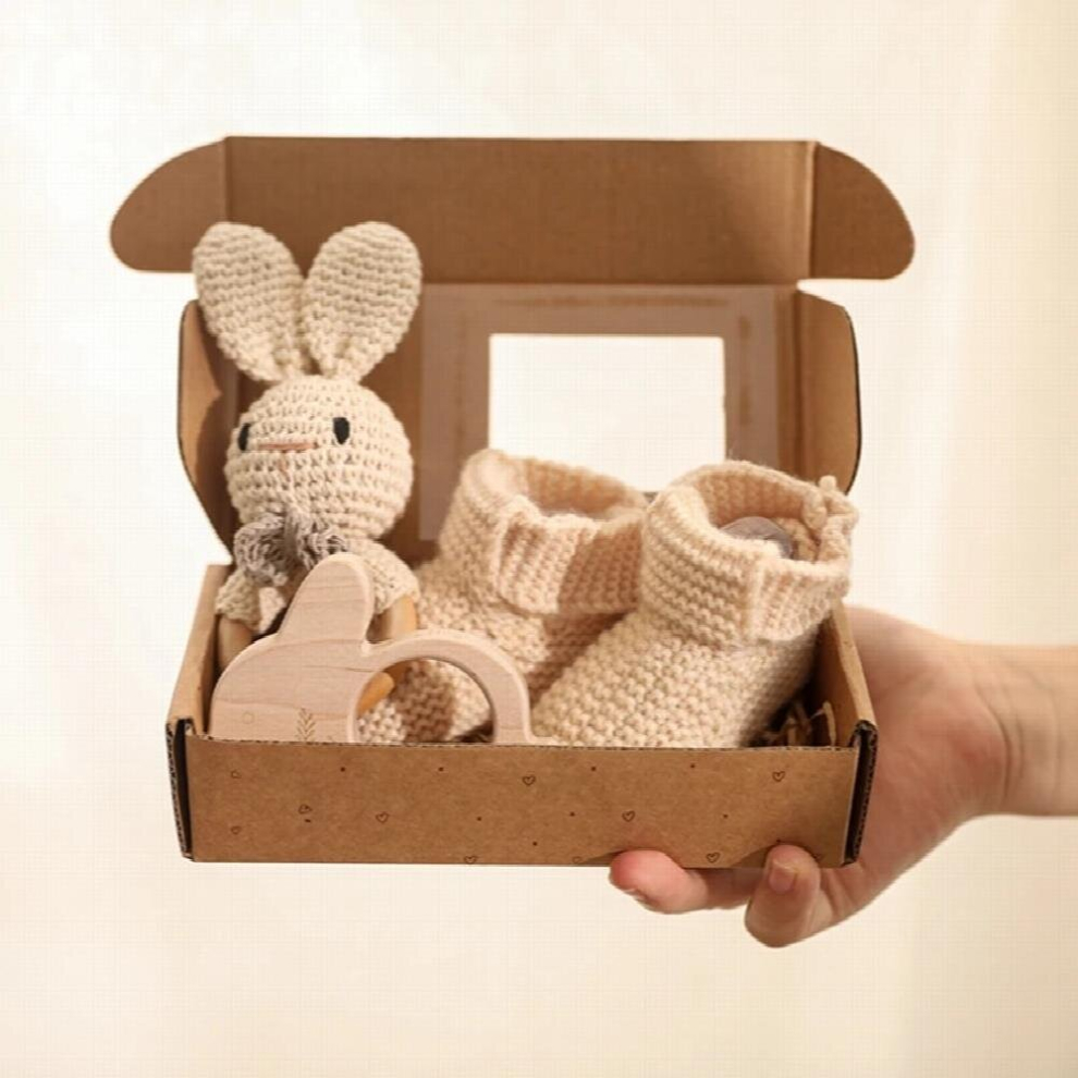 3Pcs/Set Baby Rattle Rabbit Hand Crochet Shoes Set for 0-12 Months Newborn Wooden Animal Teether Toys for Baby Birth Gift Set